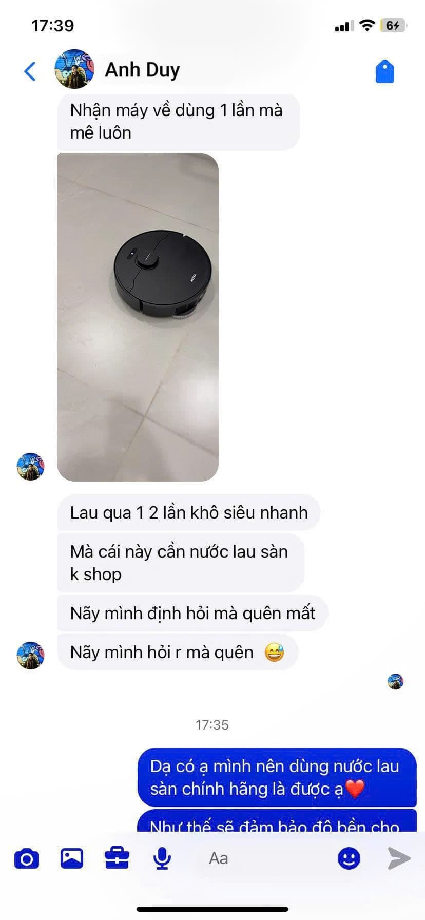 Feedback khách hàng Anh Duy về robot hút bụi MOVA mua tại REON Center