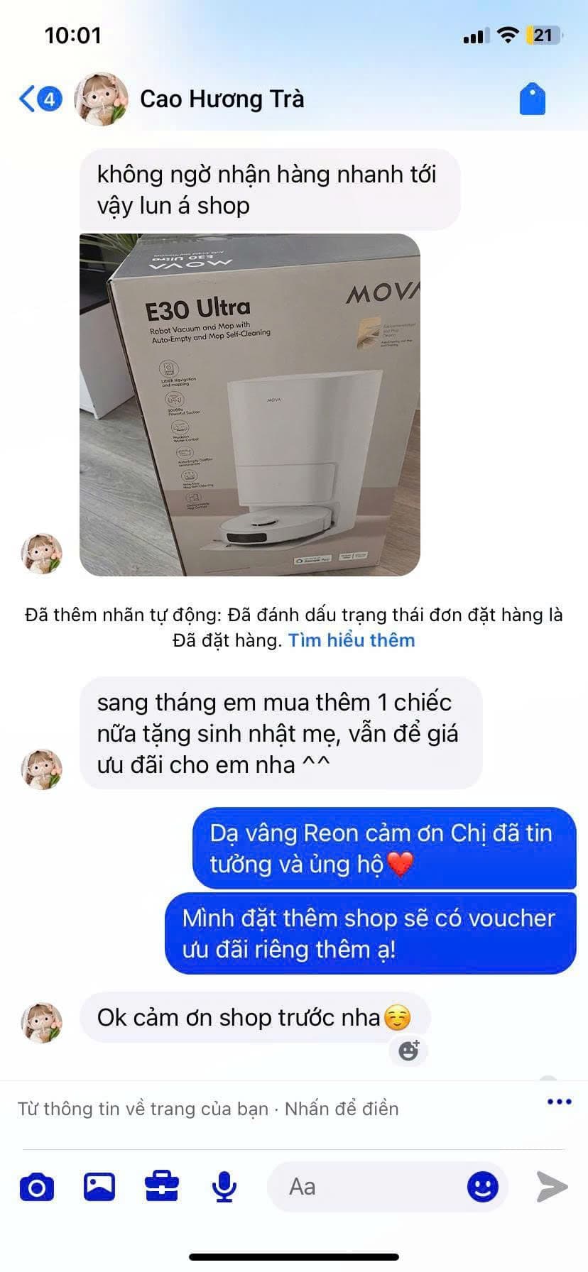 Feedback khách hàng Cao Hương Trà về robot hút bụi MOVA mua tại REON Center