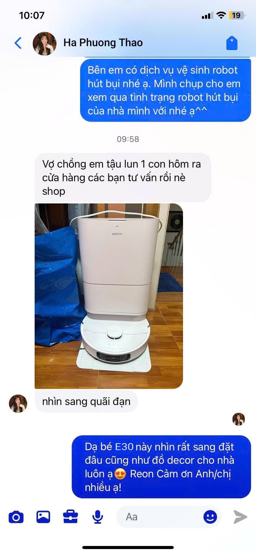 Feedback khách hàng Ha Phuong Thao về robot hút bụi MOVA mua tại REON Center