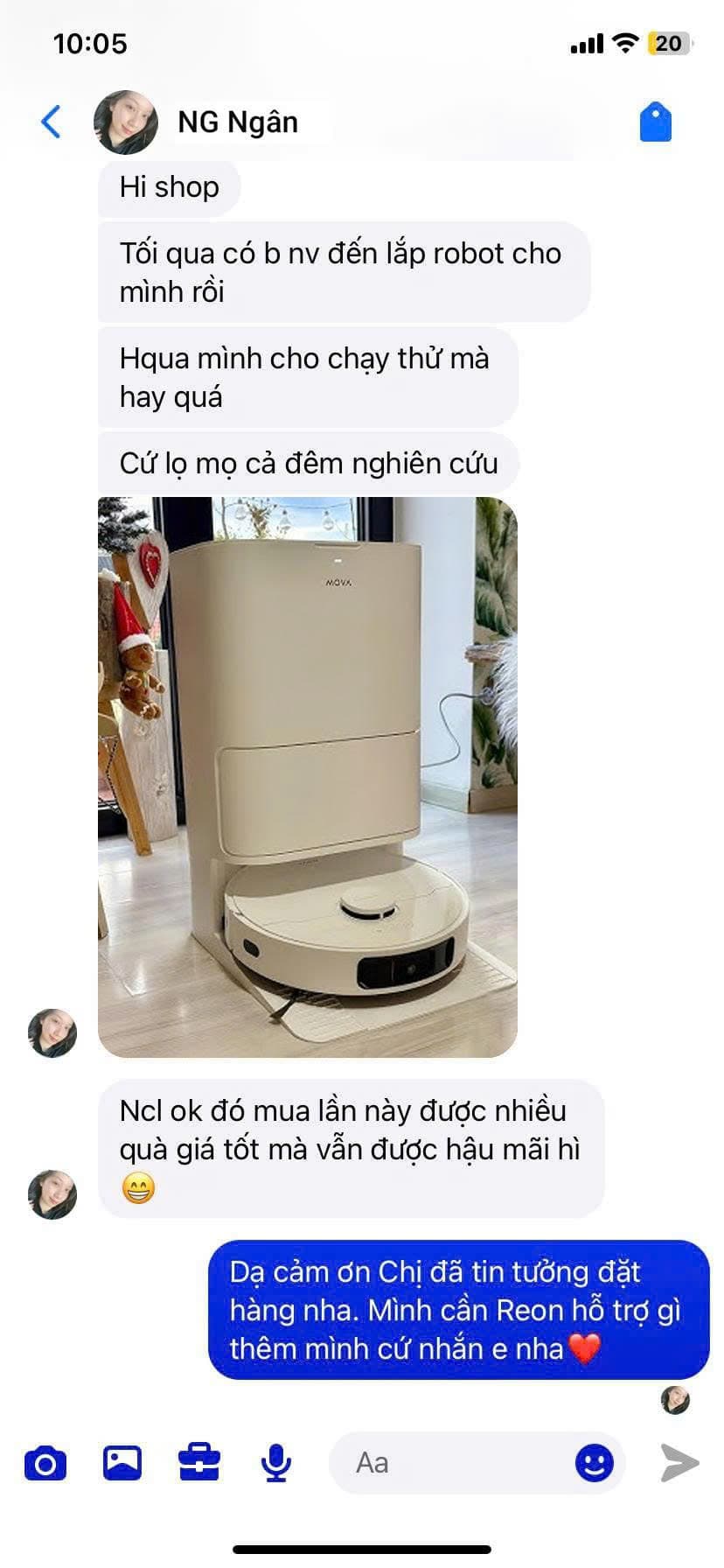 Feedback khách hàng NG Ngân về robot hút bụi MOVA mua tại REON Center
