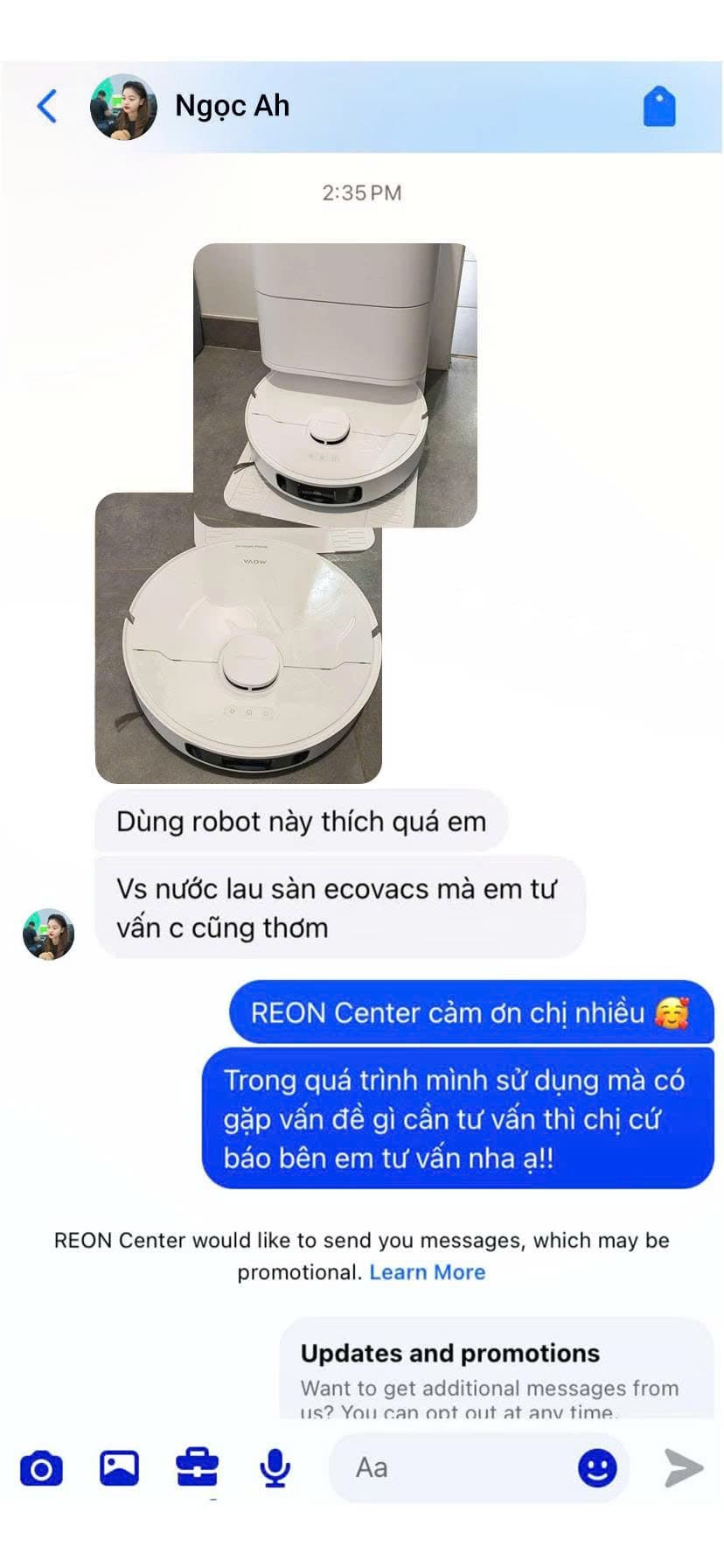 Feedback khách hàng Ngọc Ah về robot hút bụi MOVA mua tại REON Center