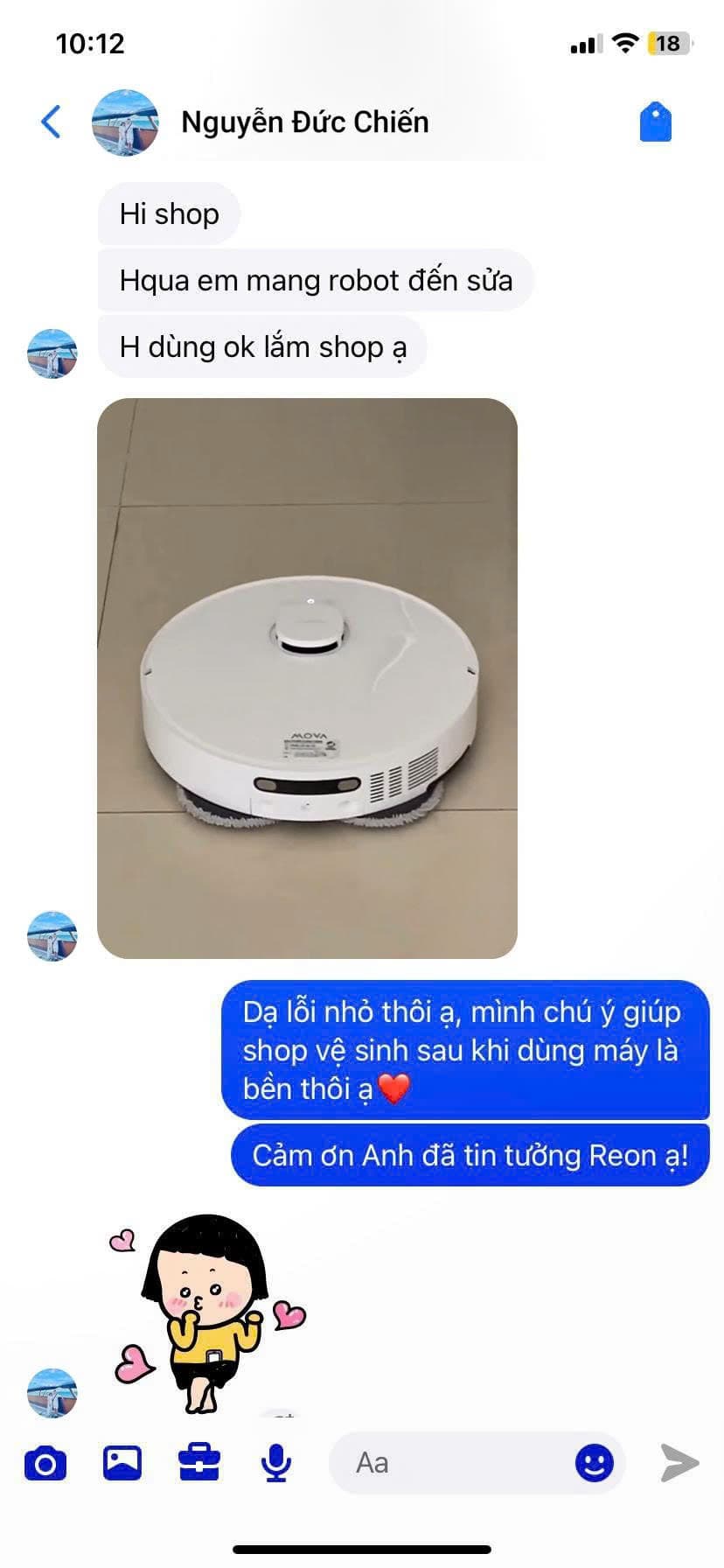 Feedback khách hàng Nguyễn Đức Chiến về robot hút bụi MOVA mua tại REON Center