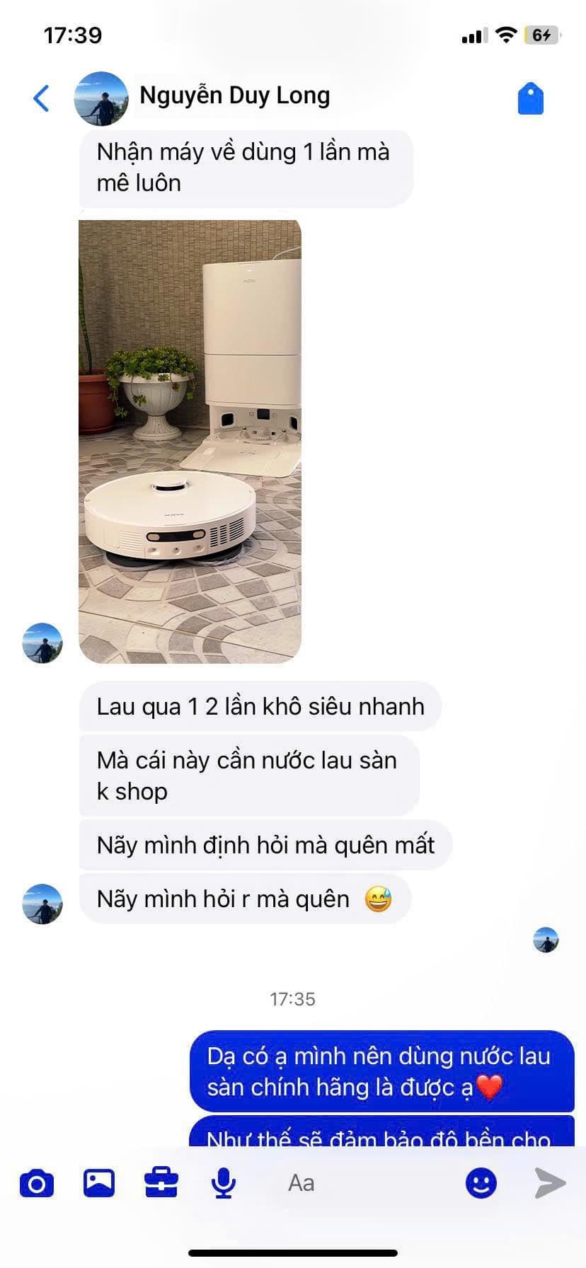 Feedback khách hàng Nguyễn Duy Long về robot hút bụi MOVA mua tại REON Center