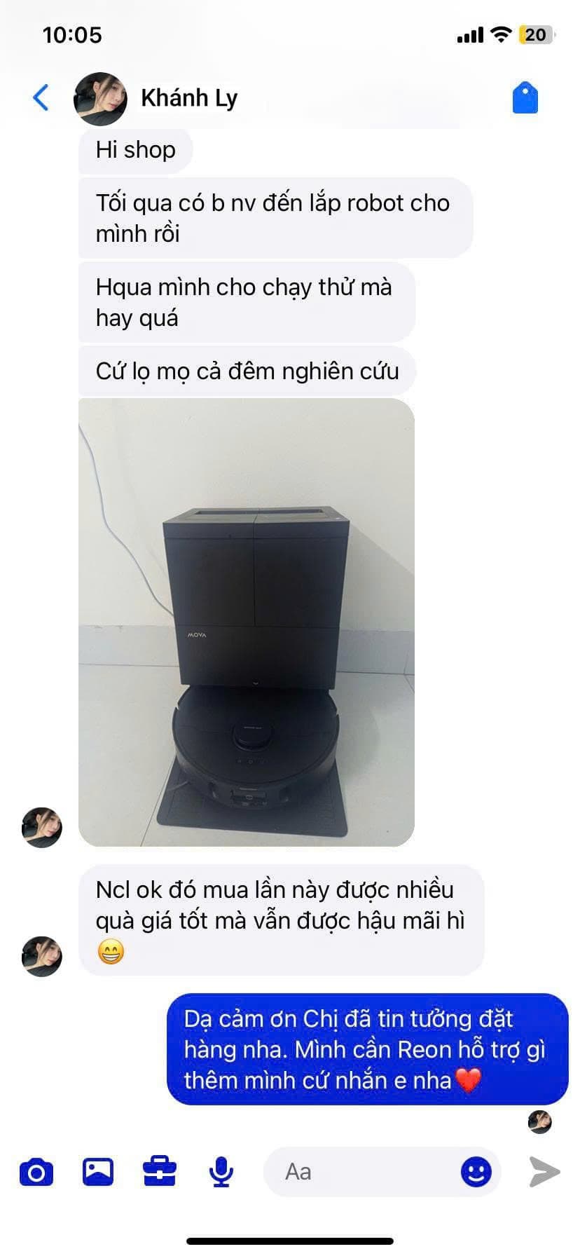 Feedback khách hàng Khánh Ly về robot hút bụi MOVA mua tại REON Center