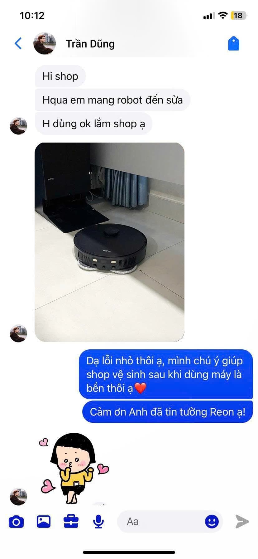 Feedback khách hàng Trần Dũng về robot hút bụi MOVA mua tại REON Center
