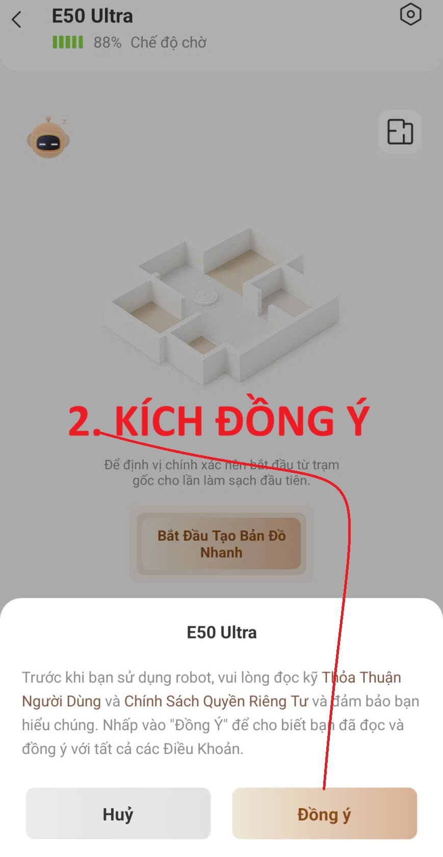 Hộp thoại đồng ý điều khoản trước khi tạo bản đồ MOVA E50 Ultra