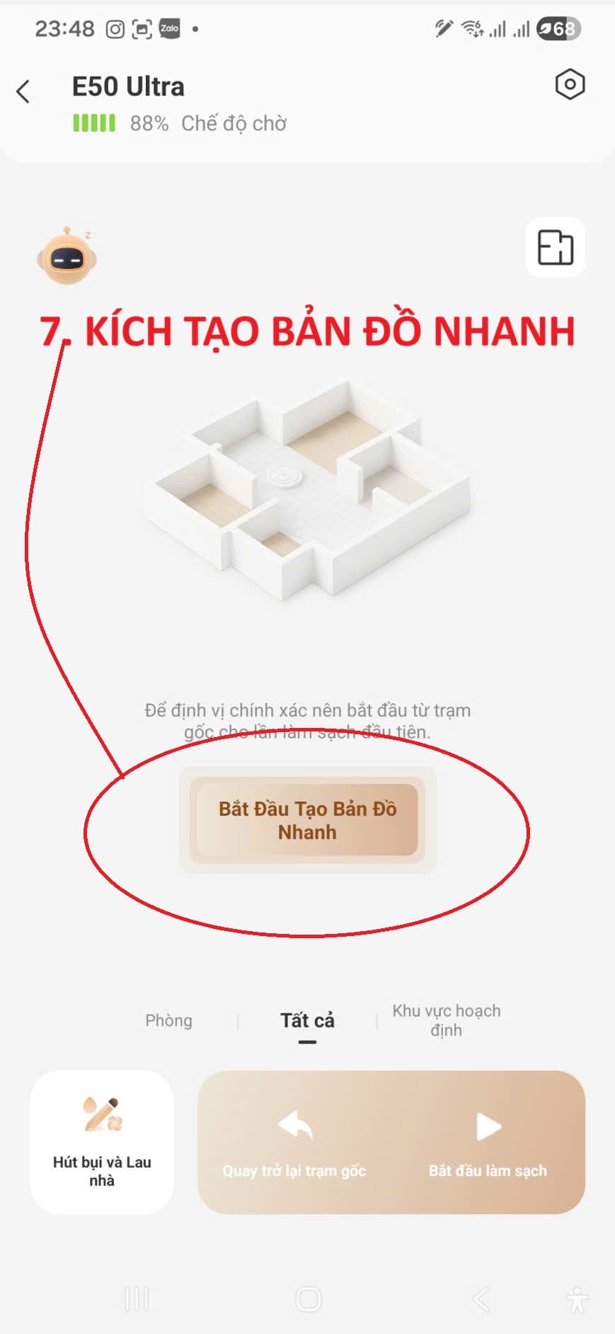 Nút Bắt Đầu Tạo Bản Đồ Nhanh trên ứng dụng MOVAhome