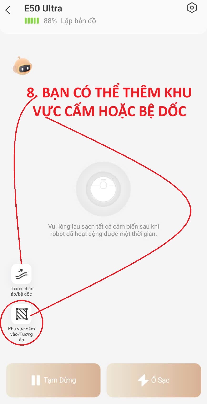 Tùy chọn thêm khu vực cấm hoặc bệ dốc khi robot đang lập bản đồ