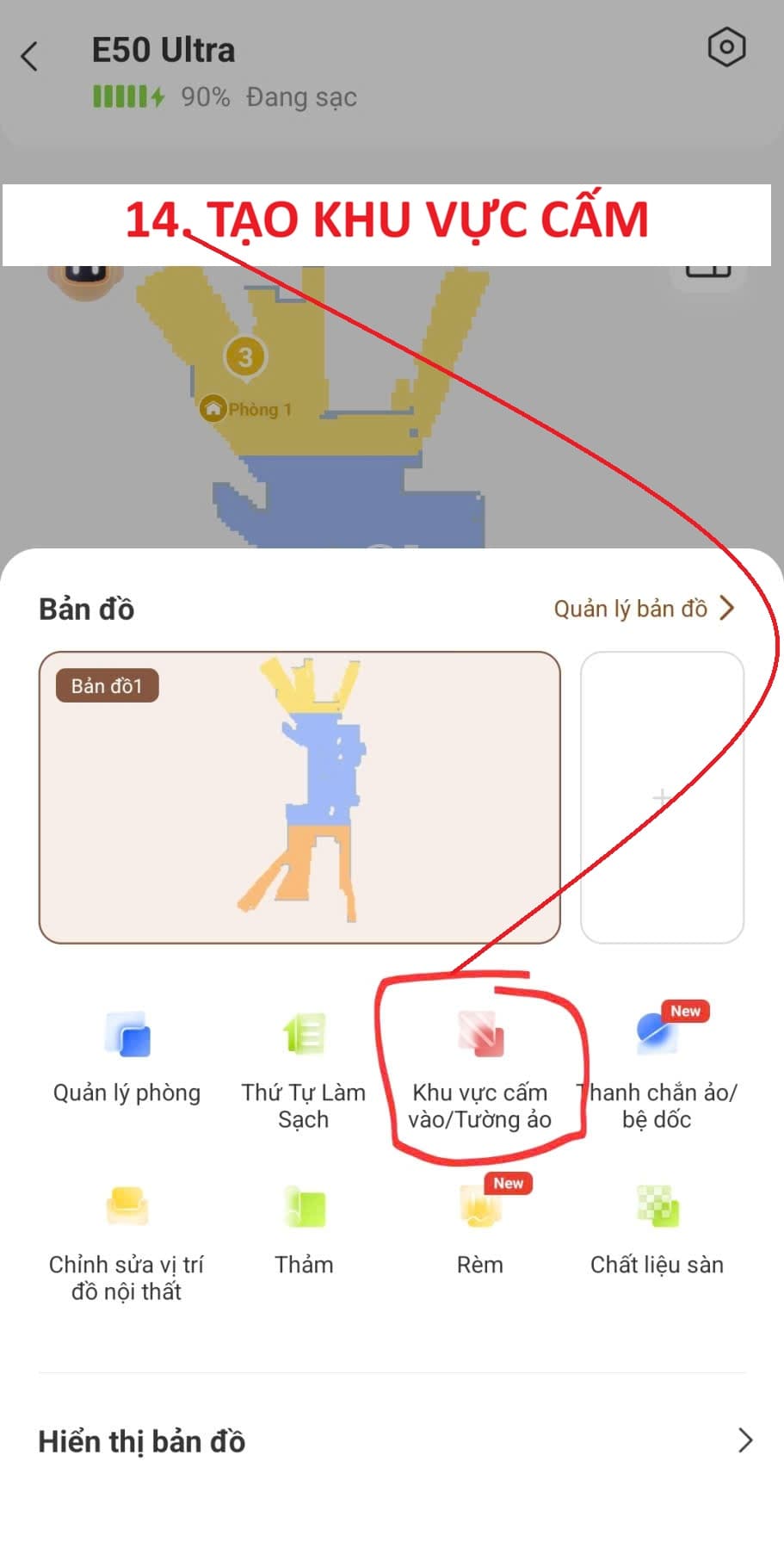Chọn mục Khu vực cấm vào Tường ảo trong quản lý bản đồ MOVAhome