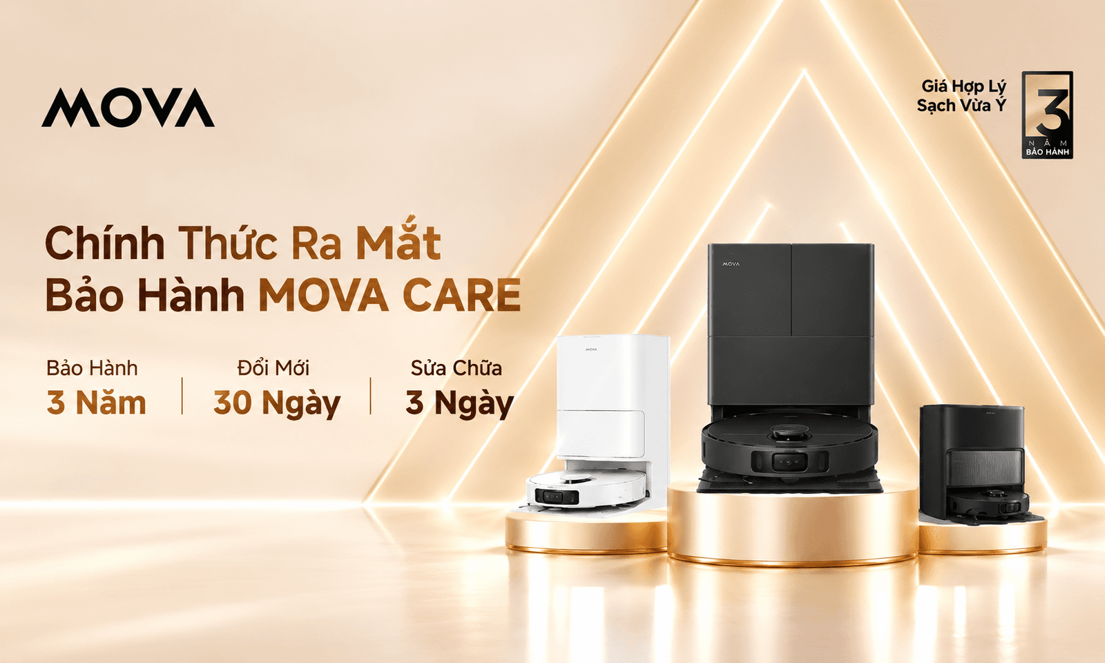 Chính sách bảo hành MOVA CARE: 3 năm bảo hành, 30 ngày đổi mới, 3 ngày sửa chữa
