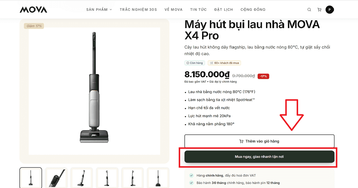 Nhấn nút Mua ngay trên trang sản phẩm MOVA tại heymova.vn
