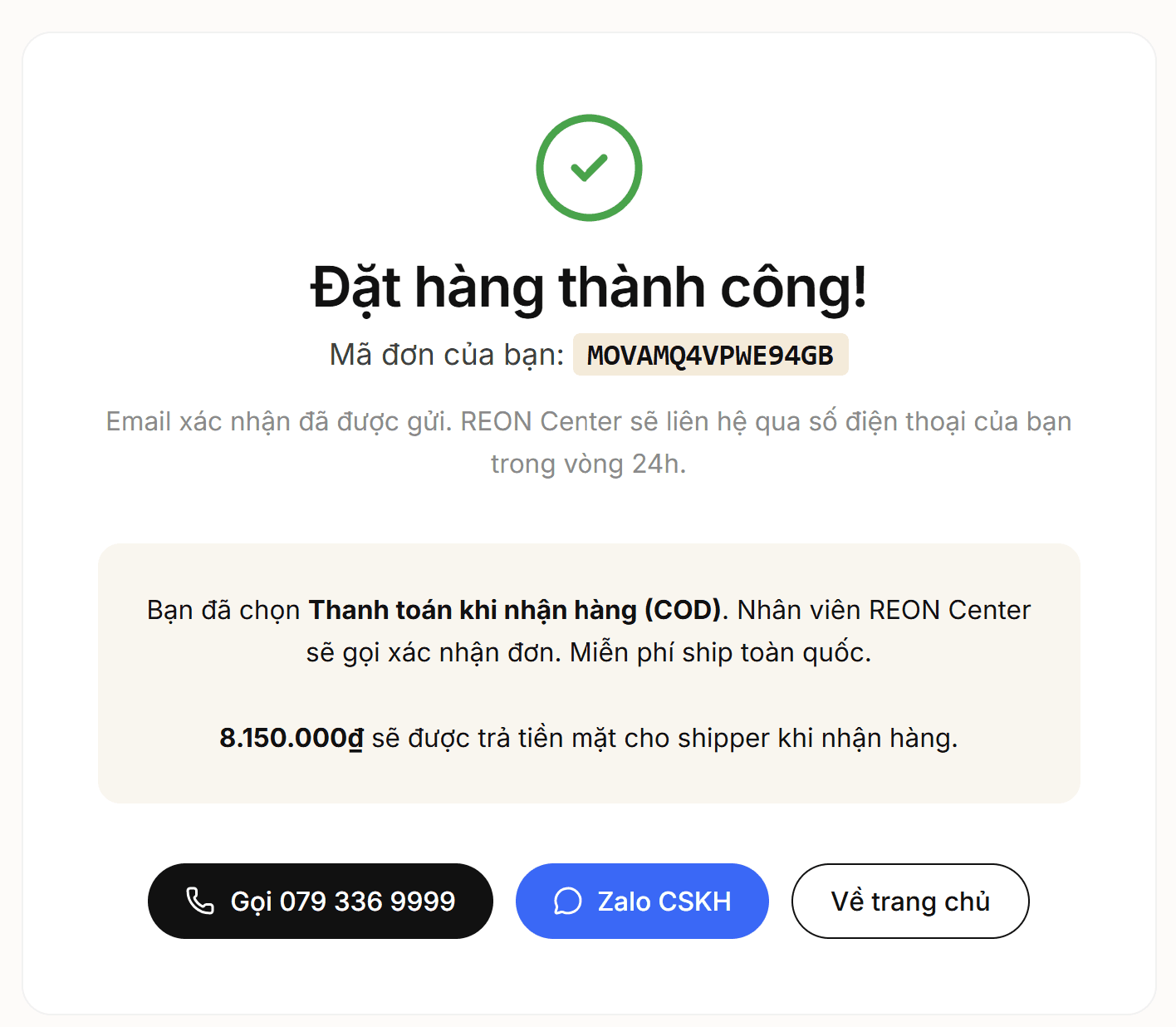 Màn hình đặt hàng thành công với phương thức COD