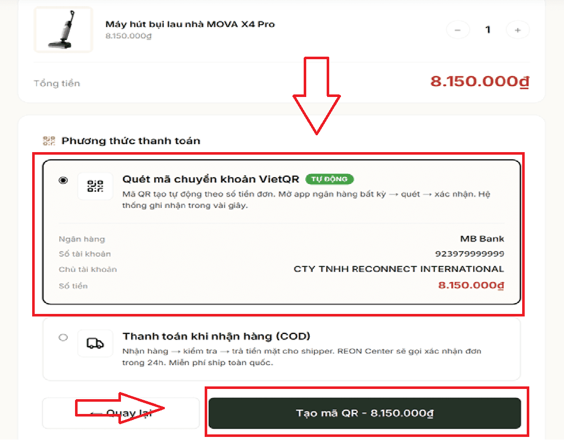 Chọn quét mã chuyển khoản VietQR rồi nhấn Tạo mã QR