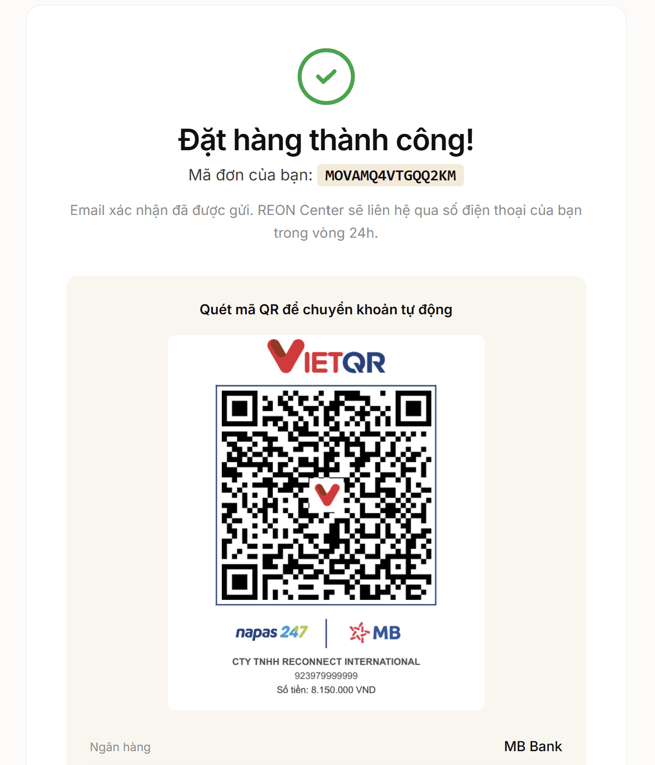 Mã VietQR để chuyển khoản thanh toán đơn hàng