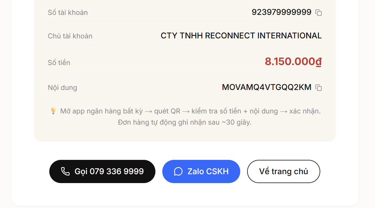 Chi tiết số tài khoản, số tiền và nội dung chuyển khoản