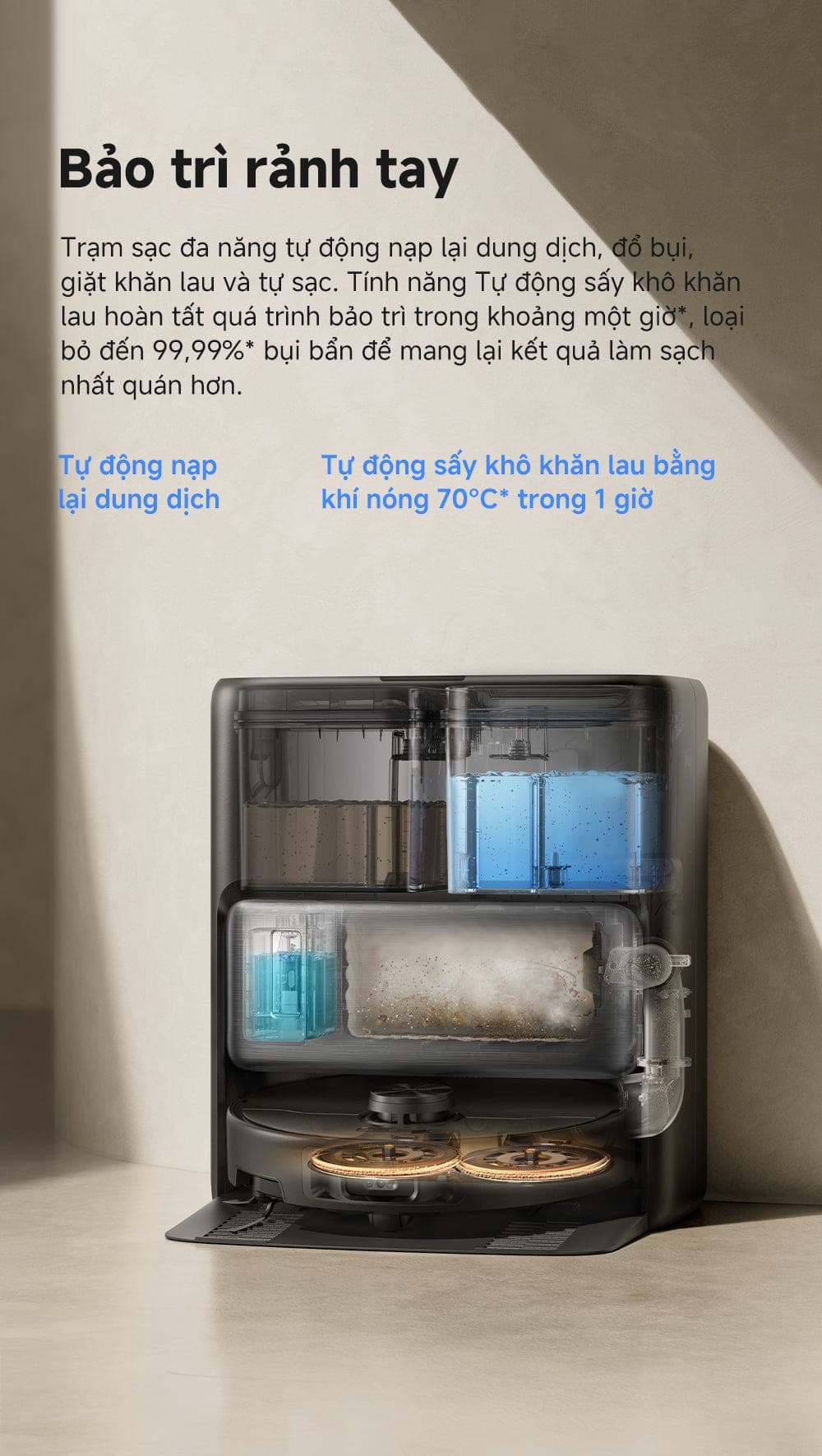 Cơ chế tự đổ rác và bảo vệ HEPA MOVA P70 Pro Ultra