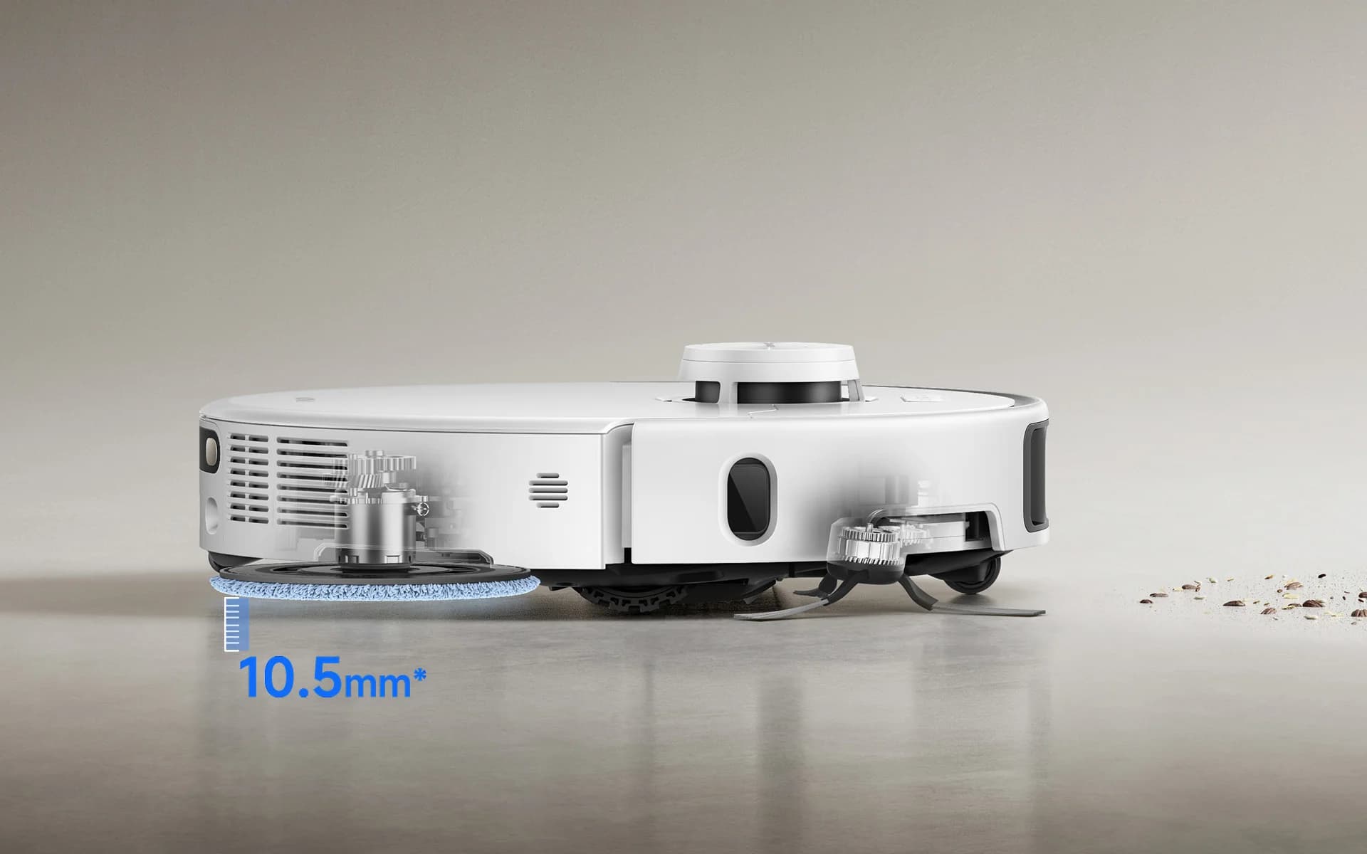 MOVA P70 Pro Ultra gặp bụi lớn, robot nâng giẻ lau và bật hút bụi ở mức cao nhất