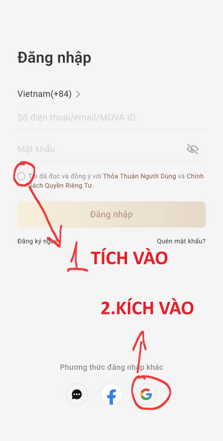 Màn hình đăng nhập MOVAhome trên Android: tích ô đồng ý điều khoản và chạm biểu tượng Google