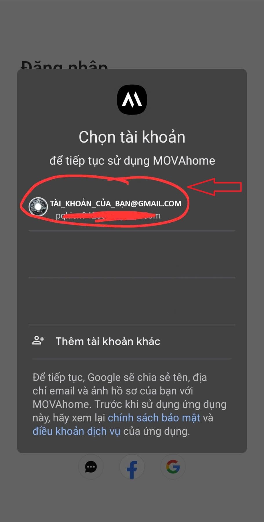 Cửa sổ chọn tài khoản Google để tiếp tục sử dụng MOVAhome trên Android