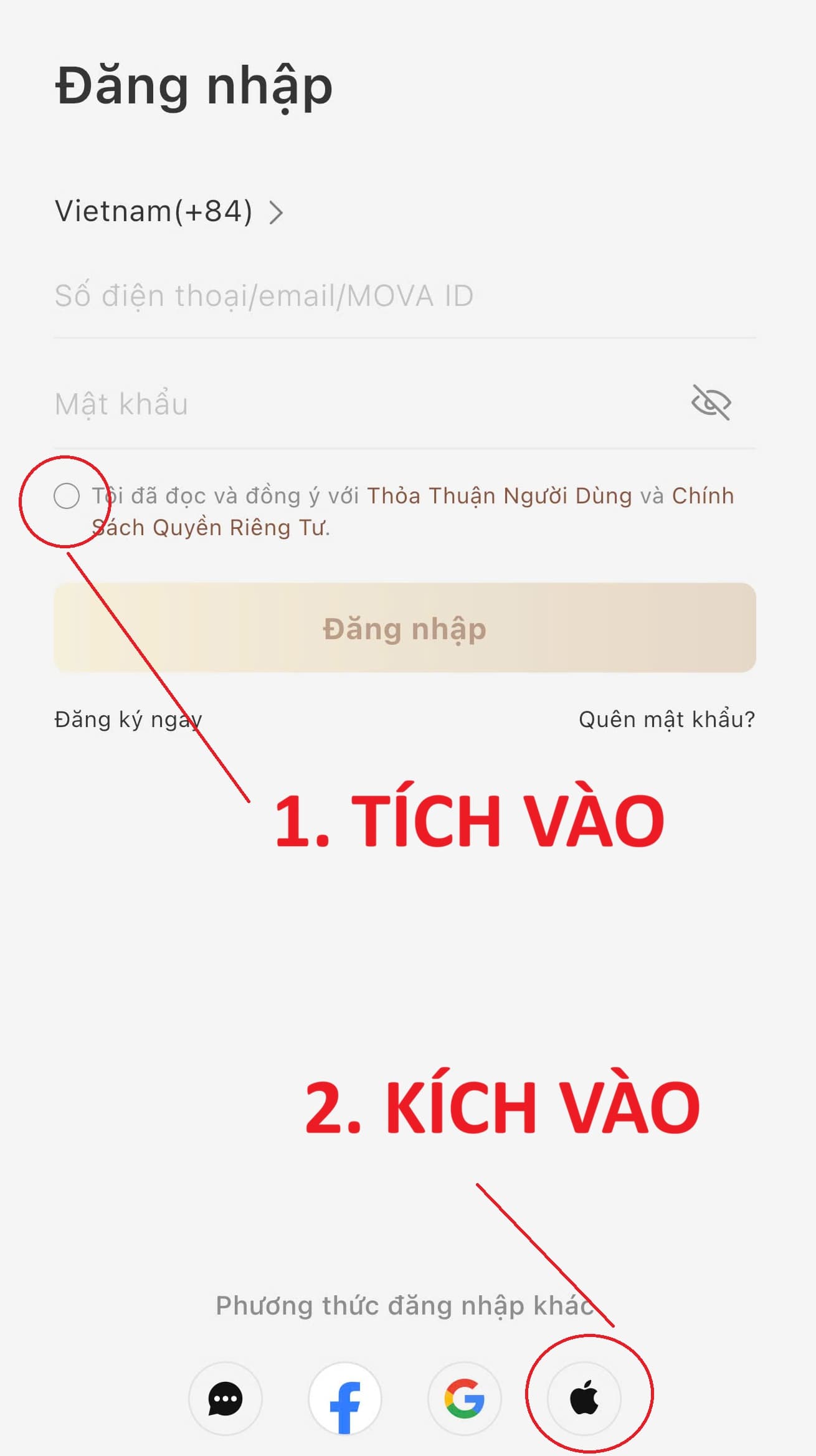 Màn hình đăng nhập MOVAhome trên iPhone: tích ô đồng ý điều khoản và chạm biểu tượng Apple