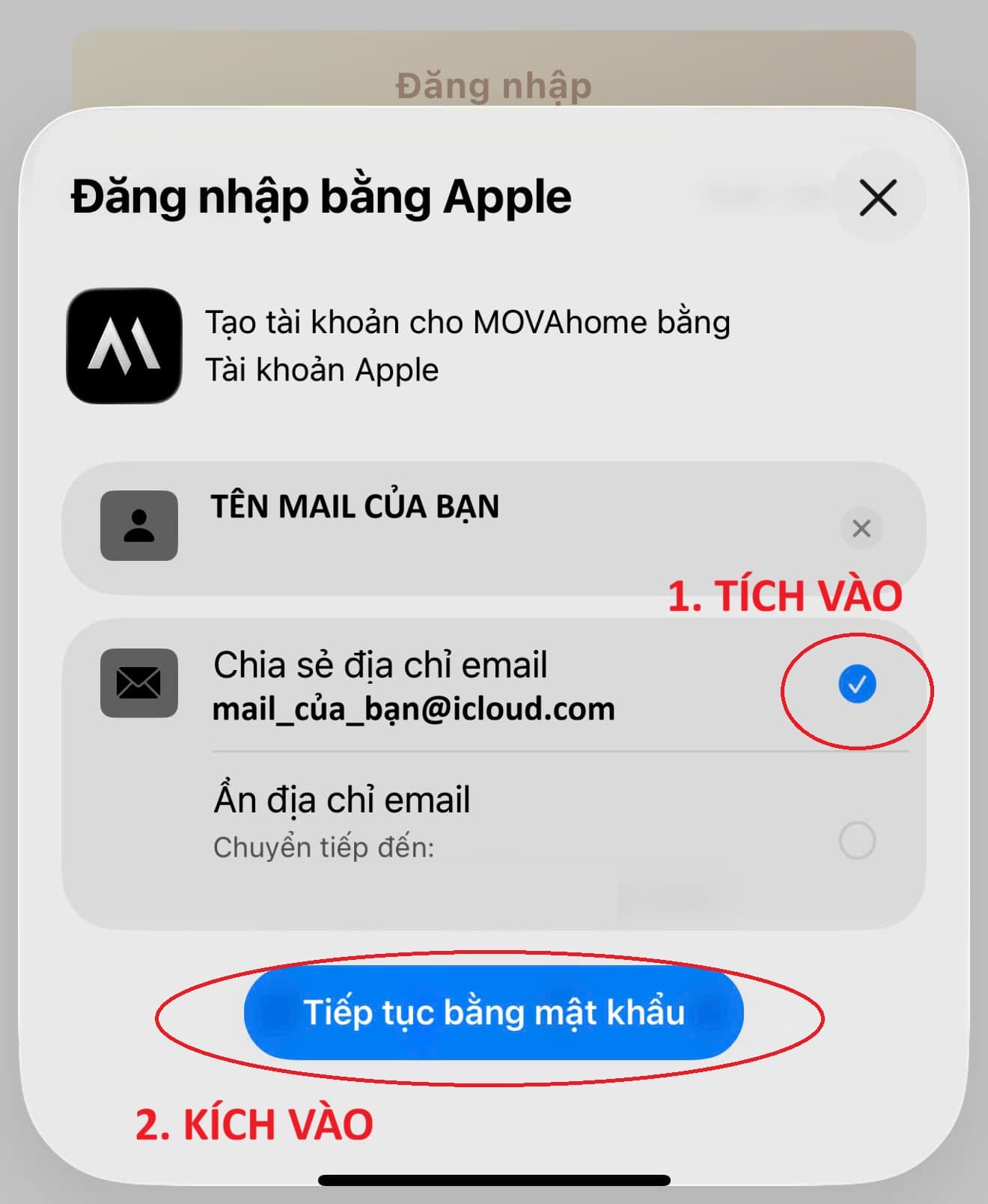 Cửa sổ Đăng nhập bằng Apple cho MOVAhome trên iPhone: chọn chia sẻ địa chỉ email rồi tiếp tục bằng mật khẩu