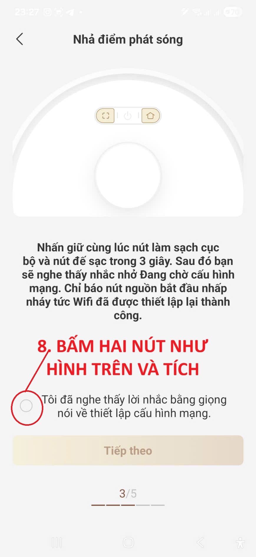 Nhấn giữ hai nút trên robot MOVA để vào chế độ ghép nối Wi-Fi