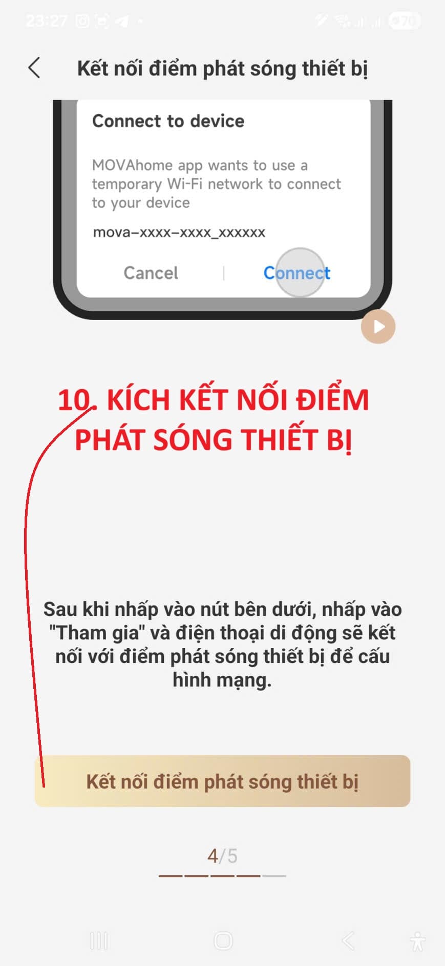 Nhấn nút Kết nối điểm phát sóng thiết bị trong ứng dụng MOVAhome