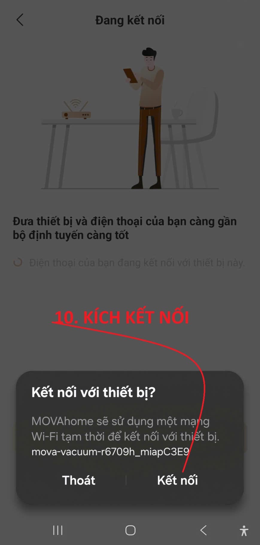 Hộp thoại xác nhận kết nối Wi-Fi tạm thời mova-vacuum với điện thoại