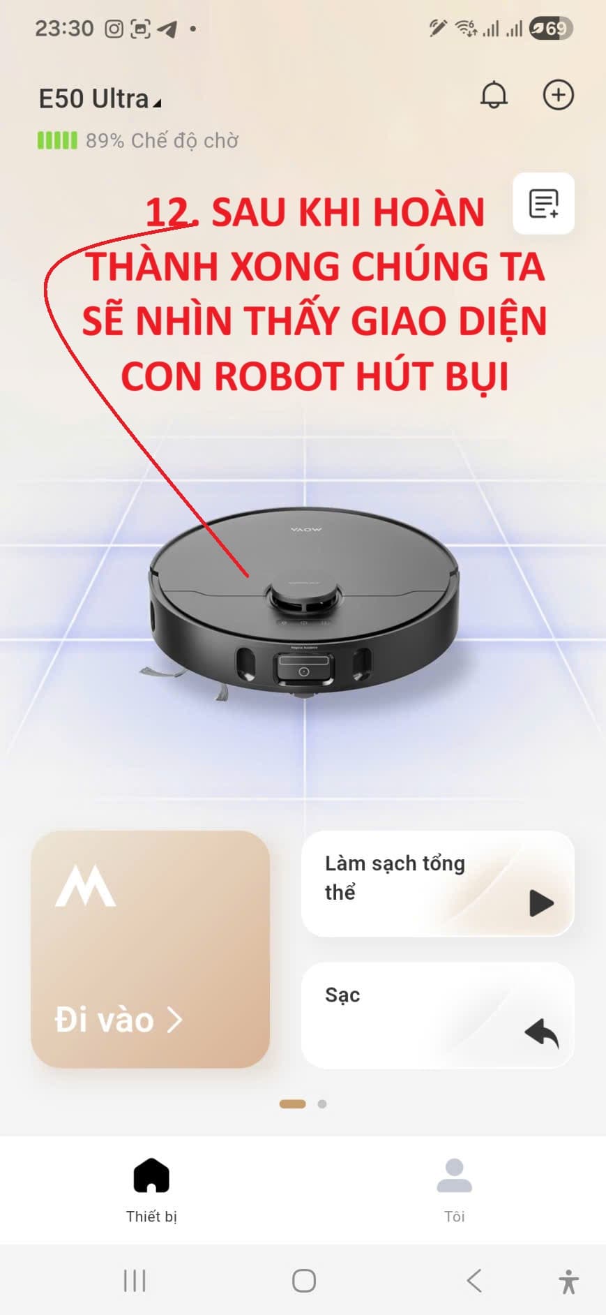 Giao diện điều khiển robot MOVA E50 Ultra trong ứng dụng MOVAhome sau khi kết nối