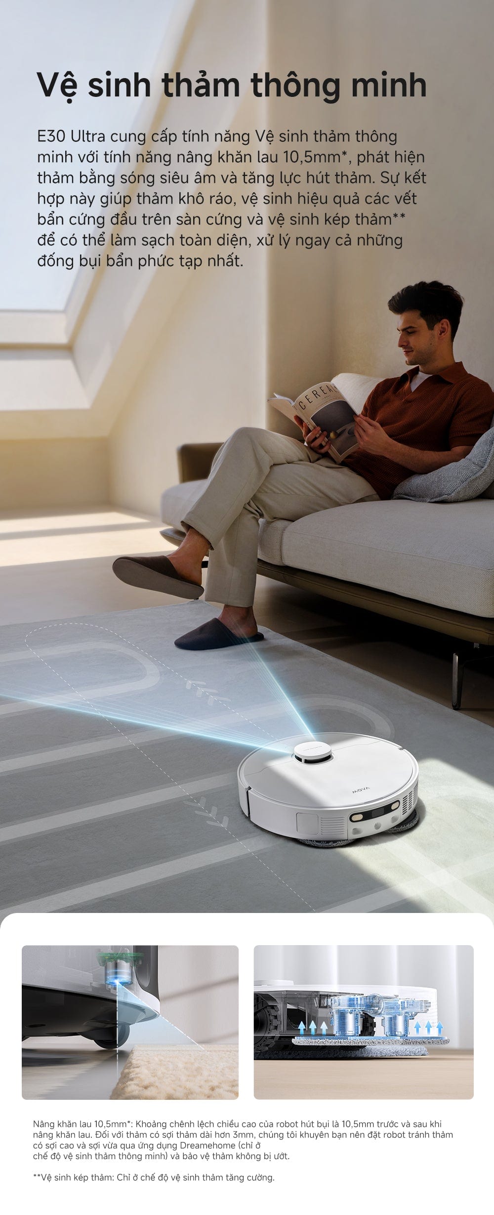 MOVA E30 Ultra DuoScrub kép xoay tốc độ cao và RoboSwing đẩy giẻ ra cạnh