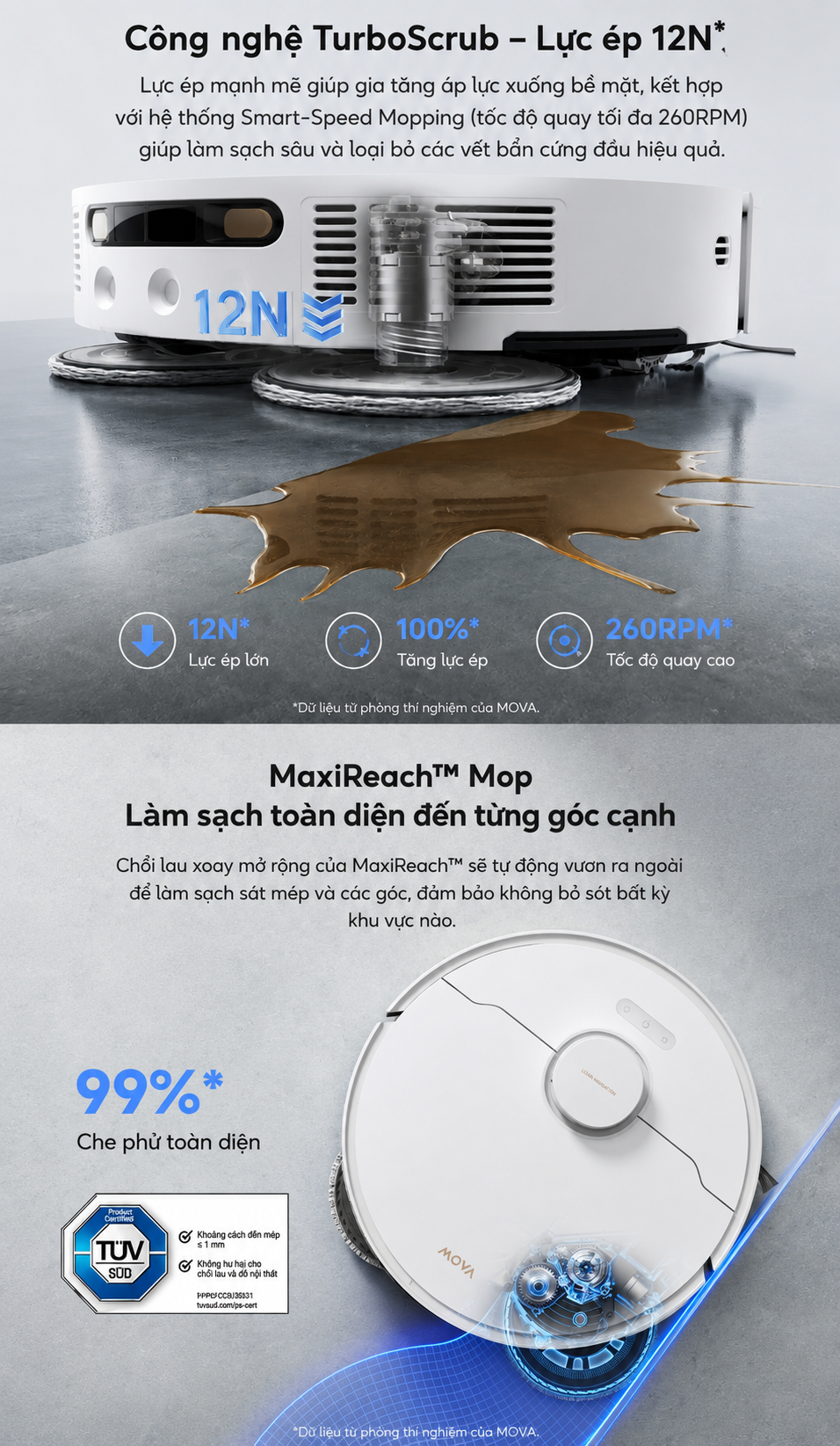 MOVA E50 Ultra MaxiReach Mop xòe giẻ 5cm + nâng giẻ 10.5mm khi gặp thảm