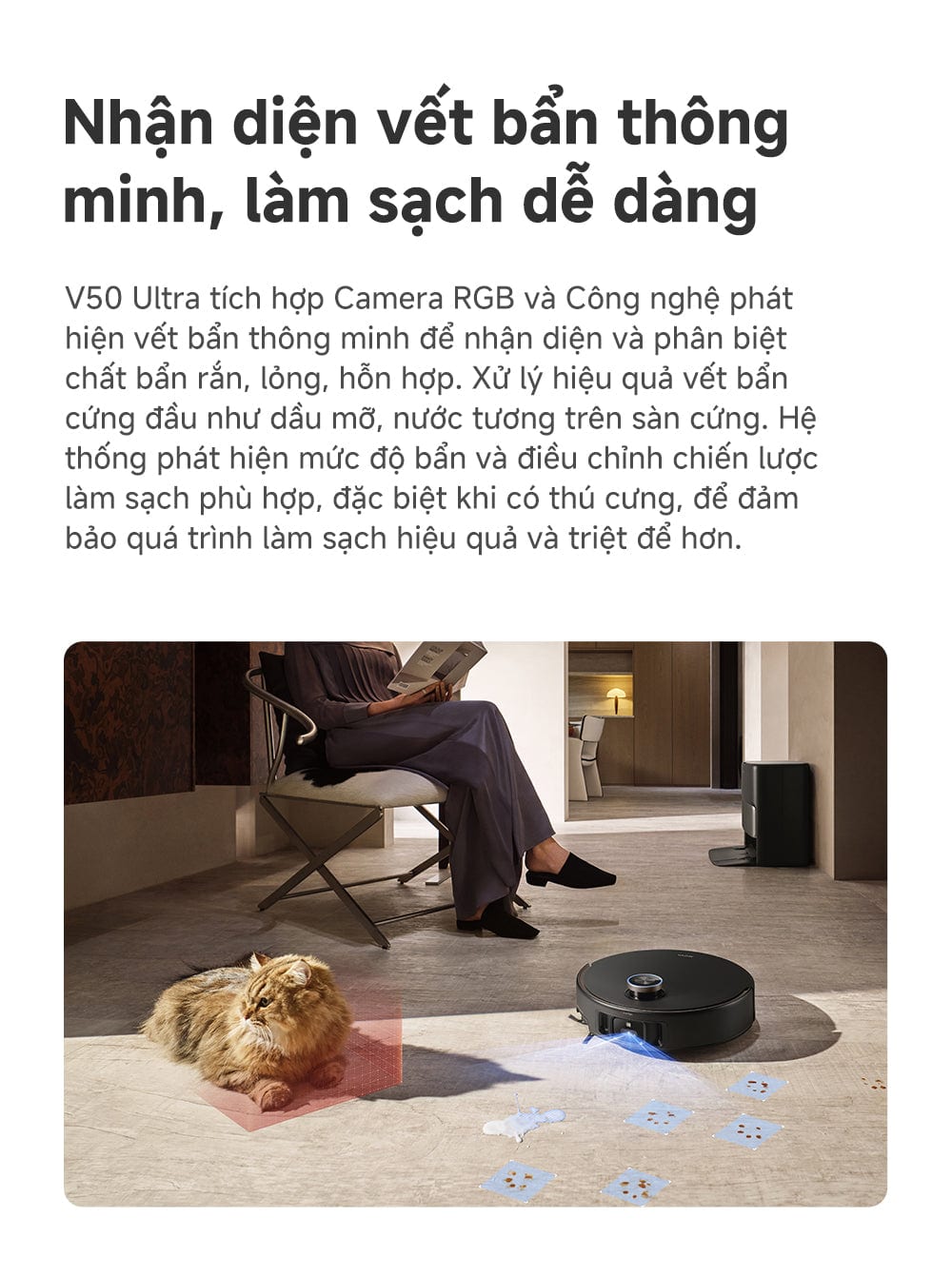 Robot MOVA V50 Ultra nhận diện vết bẩn trong nhà có thú cưng